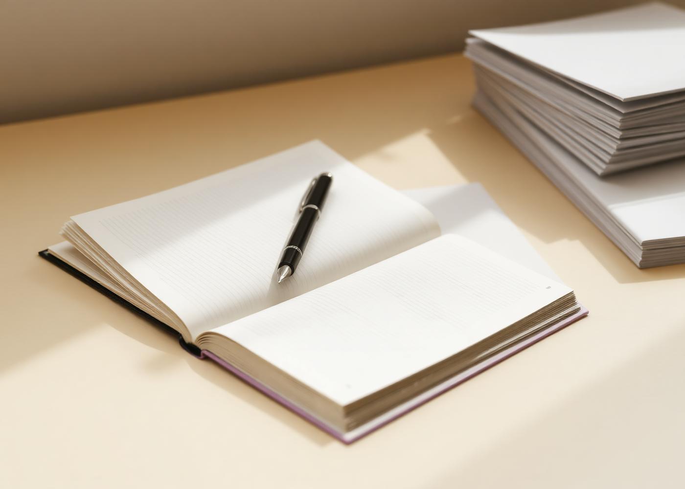 Cahier ouvert et stylo sur un bureau clair